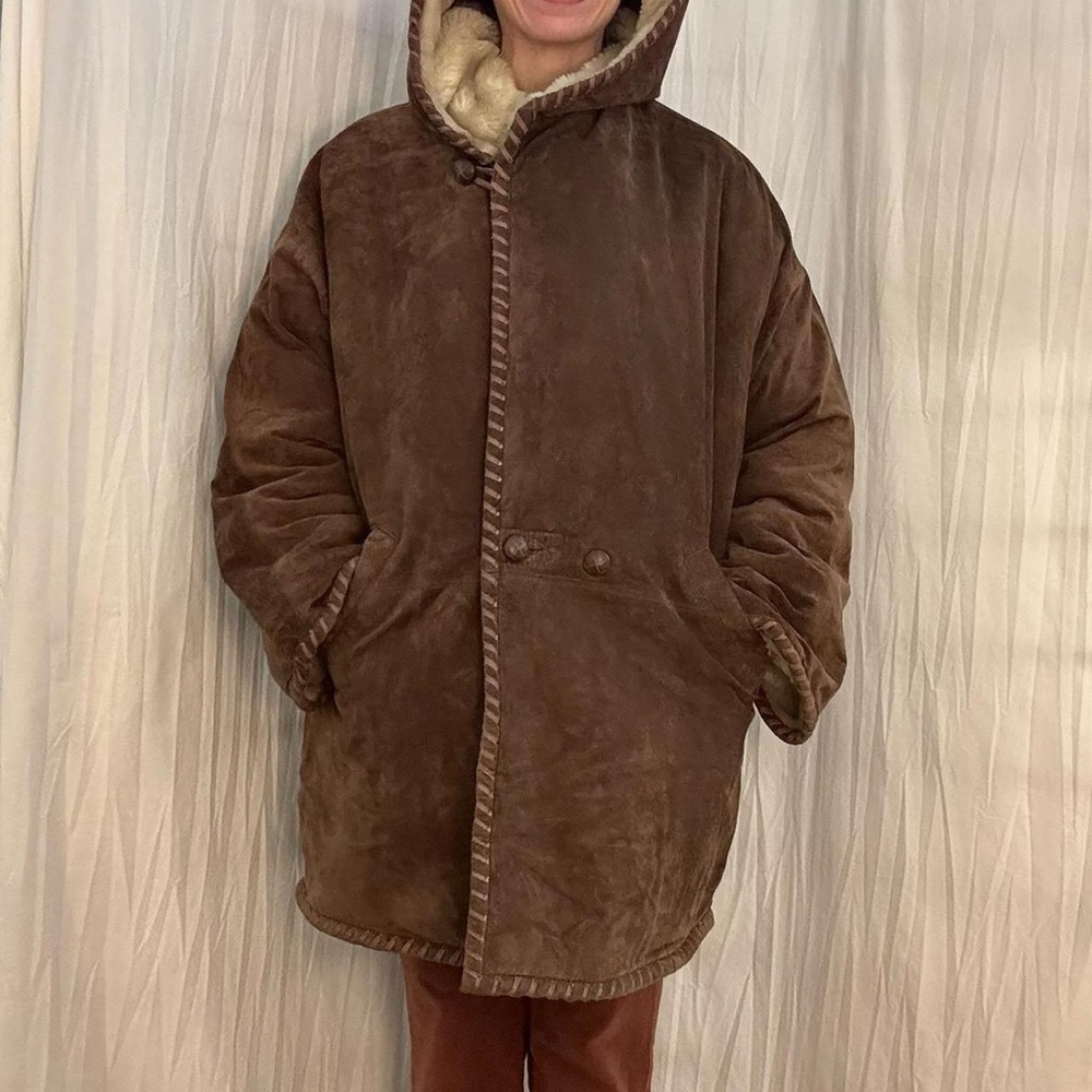 Suede Hooded Heavy Coat with Faux Faux Lining Vintage 90s‎ Express Warm